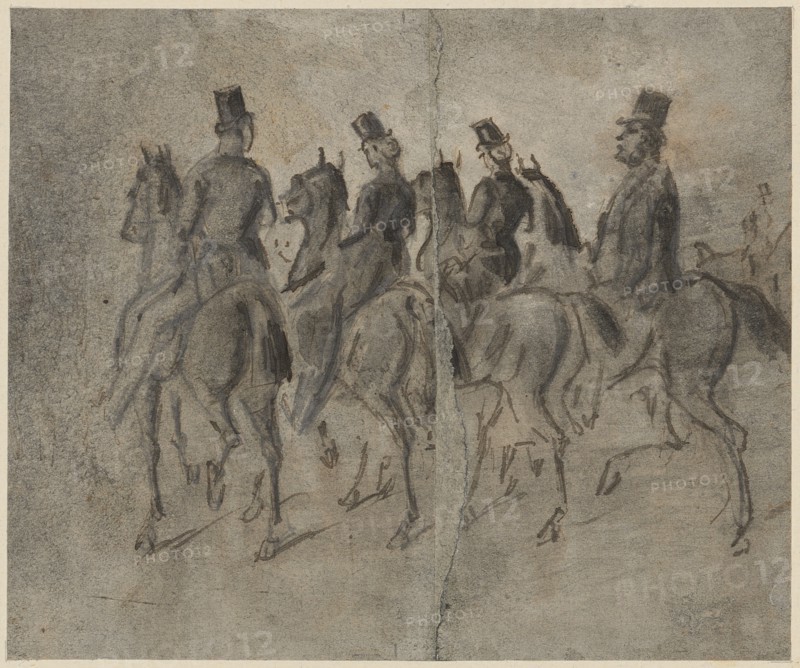 Four company on horseback, pencil, pen in black and brown, washed in gray and wiped, sheet: 13.9 x 16.6 cm, unmarked, Constantin Guys, Vlissingen 1802–1892 Paris