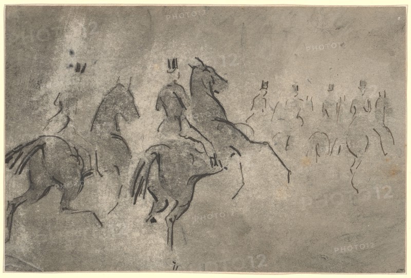 Riding group of riders, feather in black, washed in gray and wiped, sheet: 11.6 x 17.4 cm, unsigned, Constantin Guys, Vlissingen 1802–1892 Paris