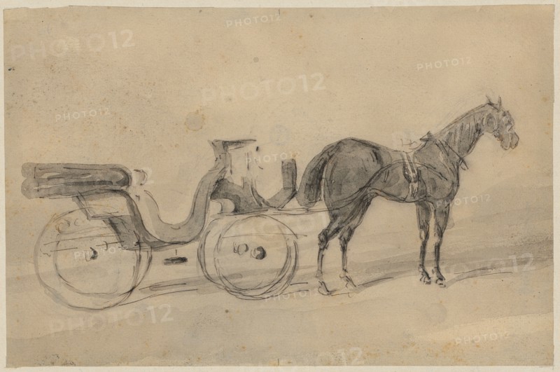 Landauer with horse, pen in black, washed in gray, sheet: 14.2 x 21.7 cm, not marked, Constantin Guys, Vlissingen 1802–1892 Paris