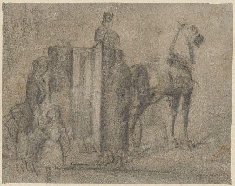 Lady and daughter get into the coach, pencil, wash, sheet: 13.5 x 17.3 cm, not marked, Constantin Guys, Vlissingen 1802–1892 Paris