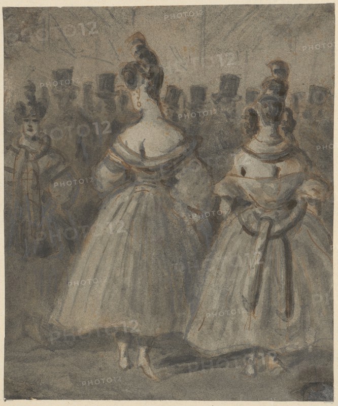 Women, against a background of gentlemen, pencil, washed, Pulled up, Leaf: 16.6 x 13.9 cm, Not referenced, Constantin Guys, Vlissingen 1802–1892 Paris