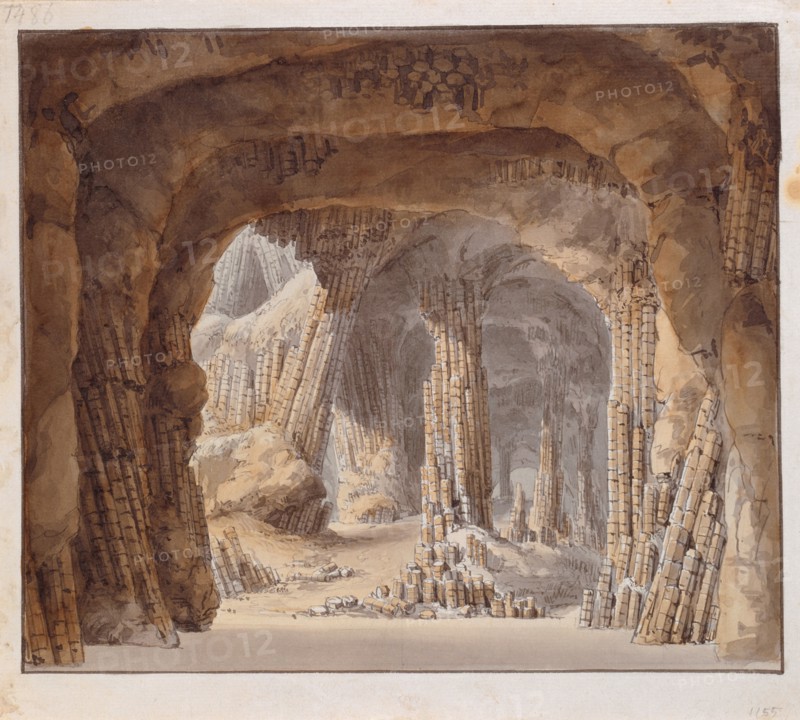 Interior of Fingal's Cave on Staffa Island, after 1844, watercolor, feather in gray and black, Edging line with feather in dark gray, Watermark: lion with sword and arrow bundle on pedestal: PRO PATRIA (?), below: IH, Carl Gustav Carus, Leipzig 1789–1869 Dresden