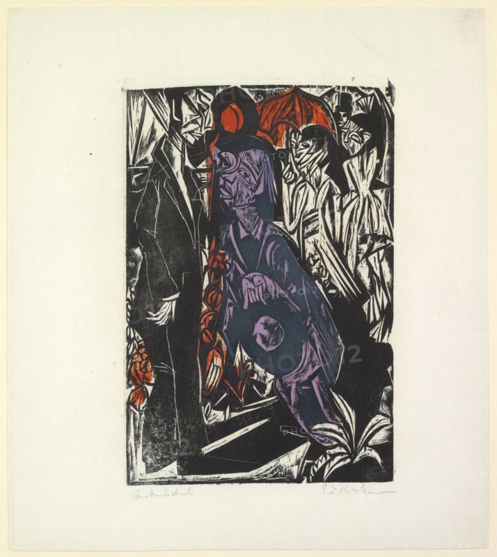 The sale of the shadow, 1915, color woodcut on blotter paper, colored print of two sticks (color plate sawn) in black, violet and red, condition print, b, ., not numbered and limited, sheet: 44.3 x 39.3 cm |, Picture: 32.3 x 22 cm, inscribed in pencil a., l .: condition pressure, signed and signed, r .: E L Kirchner, Ernst Ludwig Kirchner, Aschaffenburg 1880–1938 Davos Frauenkirch