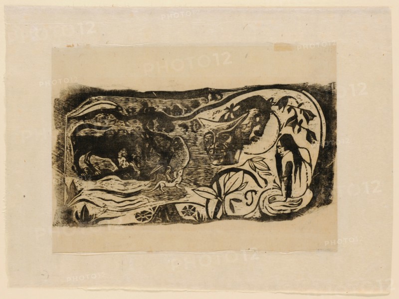 Planche au diable cornu, 1898/99, woodcut, relined, printed in black on Japanese paper, first and only condition, sheet: 22.5 x 30.4 cm |, Image: 15.3 x 30.4 cm, Im Druck u.r., monogrammed: P, Paul Gauguin, Paris 1848–1903 Atuona/Marquesas Inseln