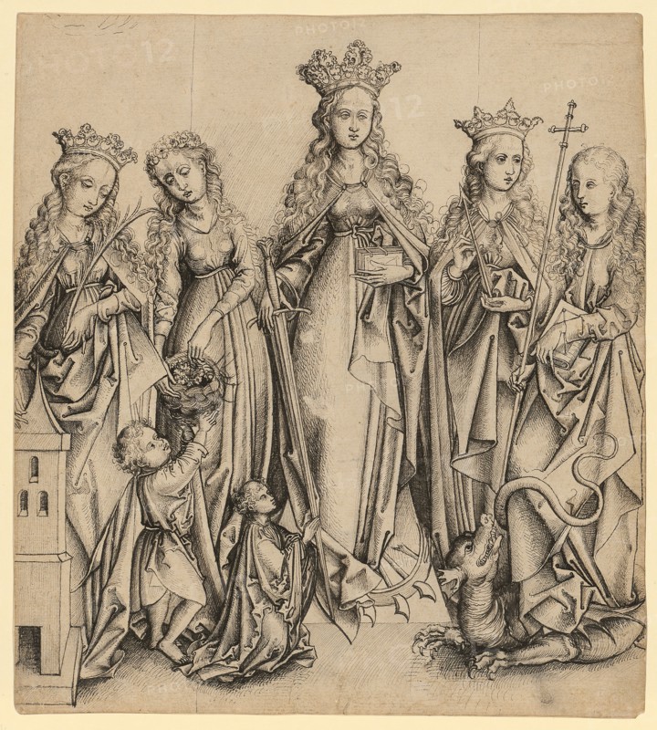 Five female saints with donor, feather in black, Journal: 23.9 x 21.4 cm, Unmarked, Martin Schongauer, (Umkreis / circle), Colmar um 1445–1491 Colmar