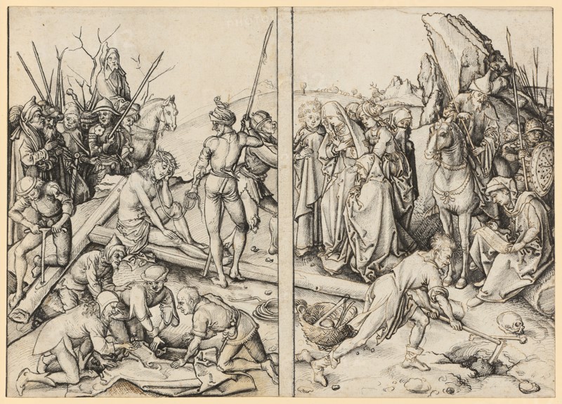 Preparations for the Crucifixion of Christ, c. 1490, feather in black, over preliminary drawing with gray (left half) and brown ink (right half), two juxtaposed leaves, mounted, sheet: 21.2 x 29.7 cm, unsigned, Ludwig Schongauer, Colmar um 1440–1493/1494 Colmar