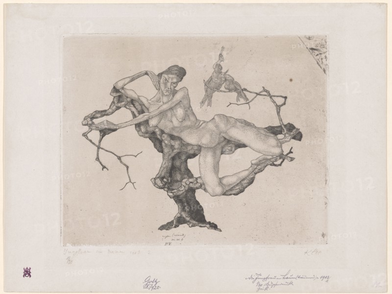 Virgo (dreaming), 1903, 2, etching on zinc, ex. 1/30, sheet: 31.9 x 42.1 cm |, Plate: 23.7 x 29.6 cm, Inscribed, dated and monogrammed in plate Middle below: Virgo (dreaming), Bern July 03, P.K ., inscribed, dated, numbered and limited in pencil l.u .: Virgin in the tree 1903, 1/30, signed r.u .: Klee, Paul Klee, Münchenbuchsee/Bern 1879–1940 Muralto b. Locarno/Tessin
