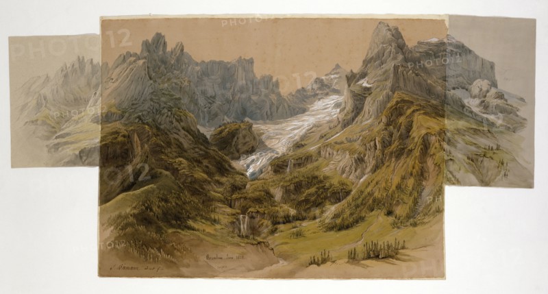 Rosenlaui Glacier, June 1828, quill, watercolor and opaque colors, on brownish gray paper, sheet: 45 x 92.2 cm (three composite leaves), Samuel Birmann, Basel 1793–1847 Basel