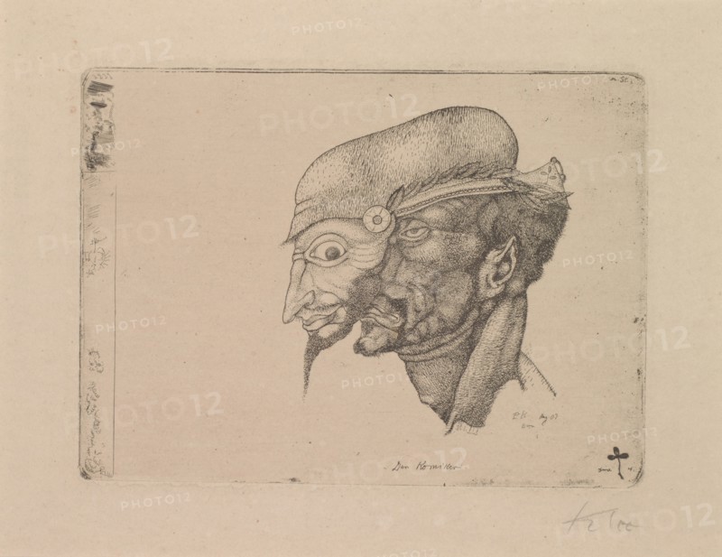 The Comedian, 1903, 3, etching on zinc, proof, sheet: 24 x 32.3 cm |, Plate: 11.8 x 16.1 cm, Monogrammed in plate r.u .: PK, designates r.o .: m.St ., dated r.u .: Aug 03 Bern, inscribed middle below: The comedian, inscribed in pencil l.u .: first version of the comedian, signed r.u .: Klee, Paul Klee, Münchenbuchsee/Bern 1879–1940 Muralto b. Locarno/Tessin