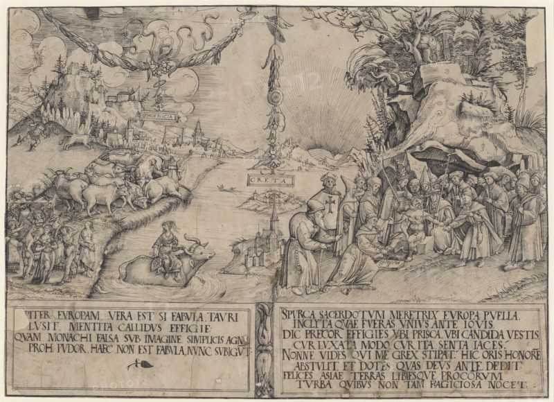The abduction of Europe as an anticlerical satire, pen in black, l, ., gr. piece of paper supplemented, image: 42.5 x 58.9 cm, 59.5 cm, in the picture a., r., inscribed and monogrammed on a stone: EVROPA, CS, marked on three panels: PHOENICIA, CRETA, EVR, /, OPA, under the picture: [IV] PITER EVROPAM, VERA EST SI FABVLA, TAVRI, LVSIT, MENTITA CALLIDVS EFFIGIE, QVAM MONRARCHI FALSA SVB IMAGINE SIMPLICIS AGN [...], PROH PVDOR, HAEC NON EST FABVLA, NVNC SVBIGVT // SPVRCA SACERDOTVM, MERETRIX EVROPA PVELLA, INCLYTA QVAE FVERAS VNIVS ANTE IOVIS, DIC PRECOR EFFIGIES VBI PRISCA, VBI CANDIDA VESTIS, CVR LVXATA MODO, CVR ITA SENTA IACES, NONNE VIDES QVI ME GREX STIPAT., HIC ORIS HONORE [M], ABSTVLIT, ET DOTES QVAS DEVS ANTE DEDIT, FELICES ASIAE TERRAS LIBYESQVE PROCORVM, TVRBA QVIBVS NON TAM FLAGICIOSA NOCET, Monogrammist C.S. (Conrad Schnitt?), Lucas Cranach d. J., (Umkreis / circle), Wittenberg 1515–1586 Weimar