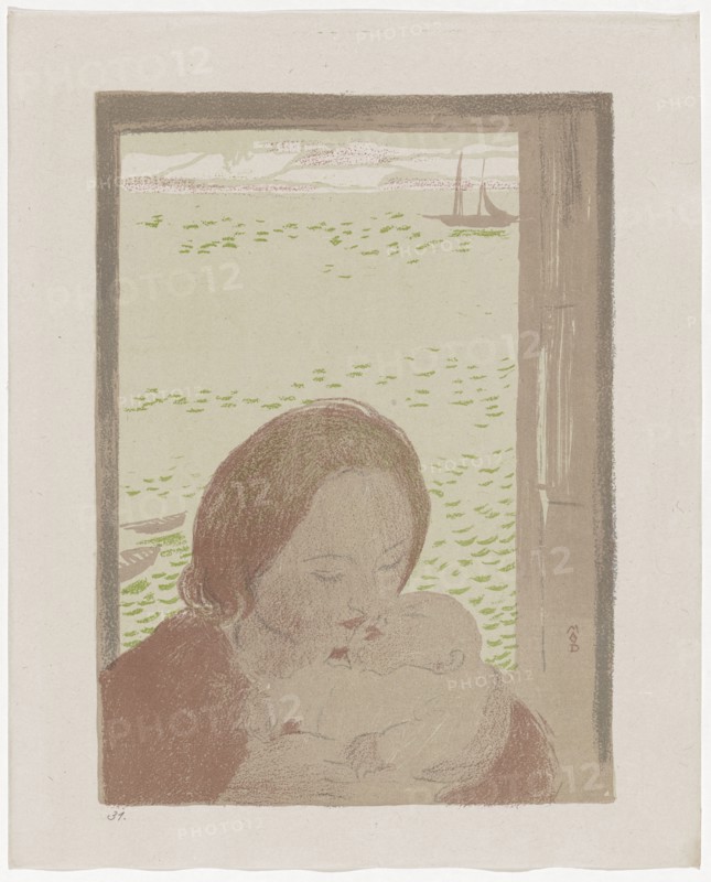 Maternité devant la mer, ou Maternité au Pouldu, 1900, Chalk and brush lithograph in 3 colors on Chinese paper, printed by Auguste Clot, edition 100, sheet: 41.6 x 33.7 cm |, Image: 34.7 x 25.3 cm, In the stone on the right vertical monogram: MAVD, Maurice Denis, Granville 1870–1943 Saint-Germain-en-Laye