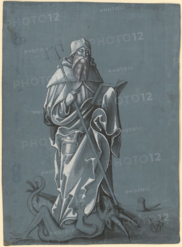 The hl., Antonius, standing on the devil, c. 1507, brush in black, gray and white, on gray-blue primed paper, in beard gray brown, paper: 21.5 x 15.4 cm, U. r., monogrammed: VG [lig.], Borax box over it, Urs Graf, Solothurn um 1485 – 1527/28