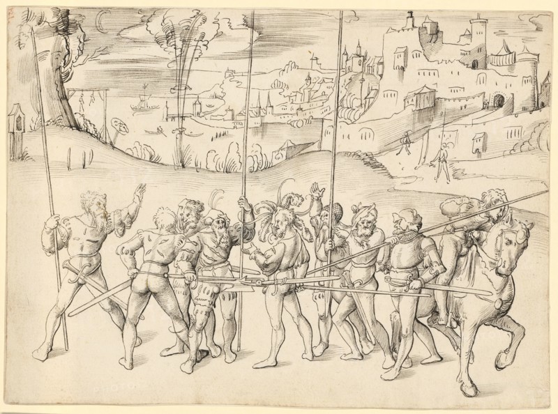 Eight warriors and a rider in landscape, around 1507/08, feather in dark brown, some brush in light brown, sheet: 21.3 x 29.3 cm, not marked, Urs Graf, Solothurn um 1485 – 1527/28