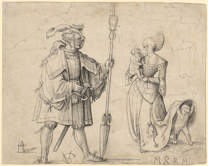 Warrior and Woman with Two Children, c. 1508, Feather in Black, Sheet: 18.5 x 23.2 cm, U. l., Boraxbüchse, u, ., M. l., monogrammed: VG [lig.], u., r., designated: M.S.R.M ., verso o. r., Feather samples and designated: [Me] in early grave vnd, Urs Graf, Solothurn um 1485 – 1527/28