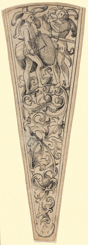 Dagger sheath with drummer and whistler, around 1509/10, feather in black, cut out along the outlines, mounted, sheet: 20.2 x 1.7 cm, 7 cm, not marked, Urs Graf, Solothurn um 1485 – 1527/28