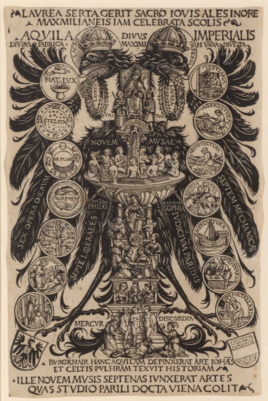 Allegorical imperial eagle of Konrad Celtis with the arts, the Musenbrunnen and the judgment of the Paris, 1507, woodcut, image: 33.3 x 21.6 cm, Hans Burgkmair d. Ä., Augsburg 1473–1531 Augsburg