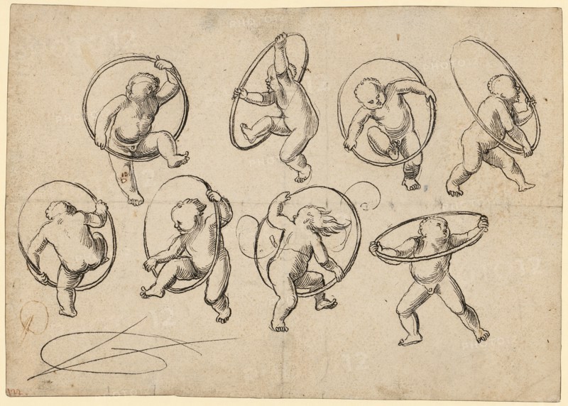 Eight children rising through hoops, around 1514, feather in black, leaf: 14.7 x 20.8 cm, U. l., monogrammed: VG [lig.], Urs Graf, Solothurn um 1485 – 1527/28