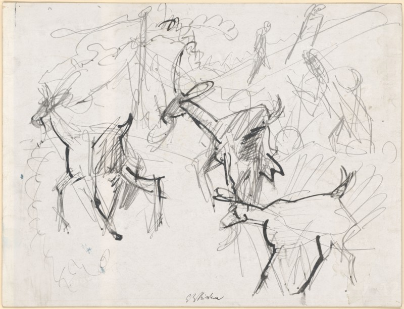 Three goats, c. 1918, pencil, brush with ink, on half board, page: 38.3 x 50.1 cm (largest mass), U. M. with ink signed: E L Kirchner, Ernst Ludwig Kirchner, Aschaffenburg 1880–1938 Davos Frauenkirch