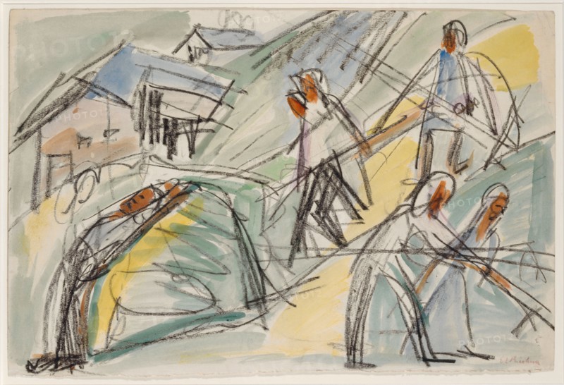 Haymaking, around 1920, chalk and watercolor over pencil, verso: pencil, leaf: 37.5 x 56 cm (largest mass), U. r., signed in red pencil: E L Kirchner, inscribed in pencil on the back: 71 hay harvest, Ernst Ludwig Kirchner, Aschaffenburg 1880–1938 Davos Frauenkirch