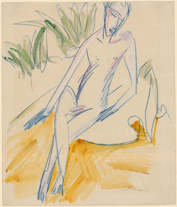Sitting Bather, 1912, chalk in blue, watercolored, leaf: 46 x 39.1 cm (largest mass), U. r., Signed and dated in pencil: E L Kirchner 12, Ernst Ludwig Kirchner, Aschaffenburg 1880–1938 Davos Frauenkirch