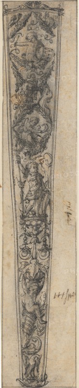 Design for a Dagger Sheath with Putti, c. 1517/18, feather in black, laid down on paper, sheet: 26 x 5 cm, unmarked, Ambrosius Holbein, Augsburg um 1494 – um 1519 Basel (?)