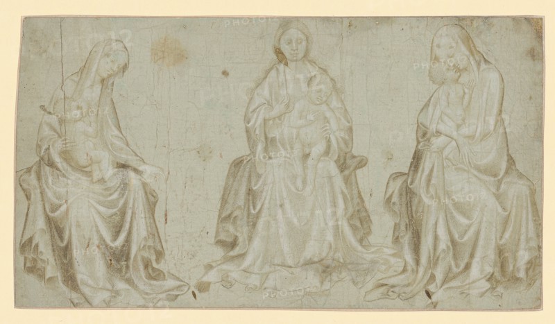 Three depictions of the seated Mary with Child, shortly before 1400, metal pencil, heightened with white brush, on pale green primed paper, on 18th century paper., mounted, Leaf: 11.5 x 20.9 cm, Not specified, Burgund, Ende 14. Jh., Jean de Beaumetz, (zugeschrieben / attributed to), Beaumetz um 1335–1396 Burgund
