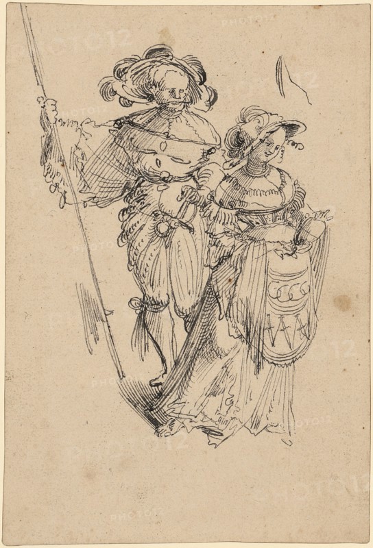 Rice-walker with halberd and harlot, c. 1520/21, feather in dark gray, page: 15.5 x 10.5 cm, Monogrammed on the woman's apron: GGGG [lig.], including: VVV [lig., with dagger], Urs Graf, Solothurn um 1485 – 1527/28