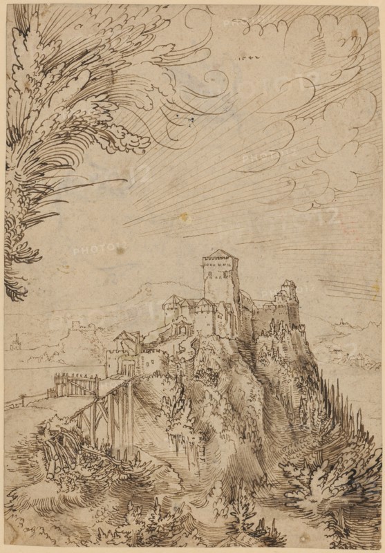 Castle Aggstein in the Wachau, 1542, feather in brown, brown washed, verso: brush in violet, leaf: 28.8 x 20.1 cm, O. M. dated: .1542., Wolf Huber, Feldkirch um 1480/85–1553 Passau