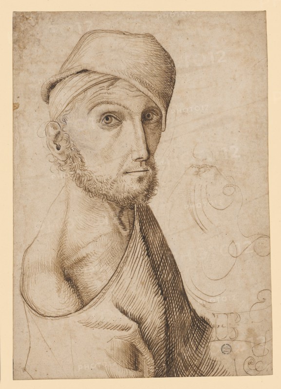 Half-length portrait of a man with a wound and cap, last quarter of the 15th century, pen in brown, leaf: 26 x 18.2 cm, U. r., an indicated monogram: I.B., [or H.B.?!, spring, samples, Anonym, Oberrhein, letztes Viertel 15. Jh.