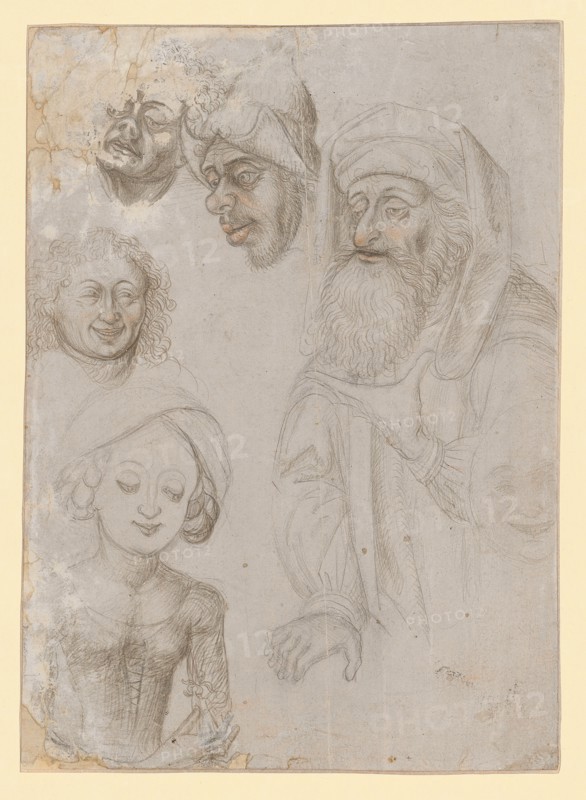 Study sheet with two half-figures and four heads, c. 1470/80, silver pencil and some red chalk on light gray primed paper, sheet: 20 x 14.4 cm, unmarked, Caspar Isenmann, um 1410 – vor 1490 Colmar