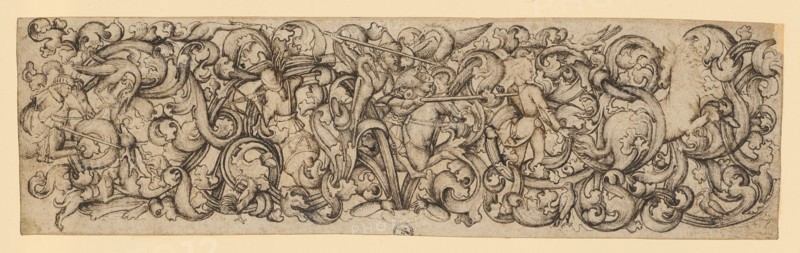 Ornament with leaf tendrils, in it birds as well as hunting and fight scenes, around 1460/70, feather in brown, sheet: 8 x 27.8 cm, not marked, Anonym, Oberrhein (?), um 1460/70