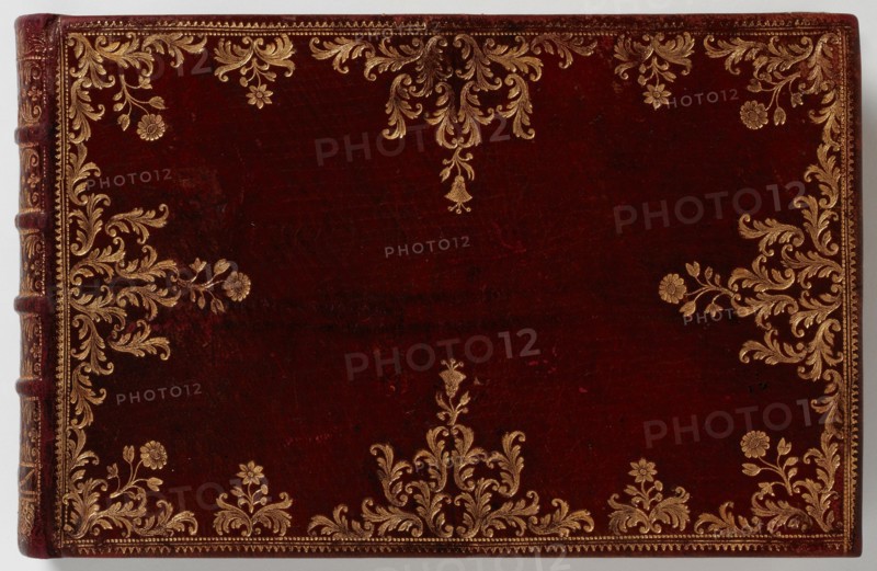 Pedigree of Adrian Zingg, 1757/90, red whole leather fringe tape stitched on four raised frets, with gilding on cover, edge and back areas and three-sided hand gold cut, 140 sheets of Verben handmade paper with partially pasted paper or parchment sheets, first and last sheets glued together with the endpaper, 84 entries, of which 70 drawings, watercolors and gouaches and a handwritten dedication by 60 artists, Book: 12.4 x 19.5 x 2.7 cm (cross-8 °) |, Side: approx. 11.9 x 18.4 cm, Adrian Zingg, St. Gallen 1734–1816 Leipzig, Verschiedene Künstler, 18. Jh.