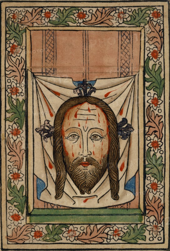 Sudarium (Veronica's Wissing Cloth), c. 1440, woodcut of two sticks, colored (unique), unique, leaf: 18 x 12.2 cm, Anonym, Oberrhein, 15. Jh.