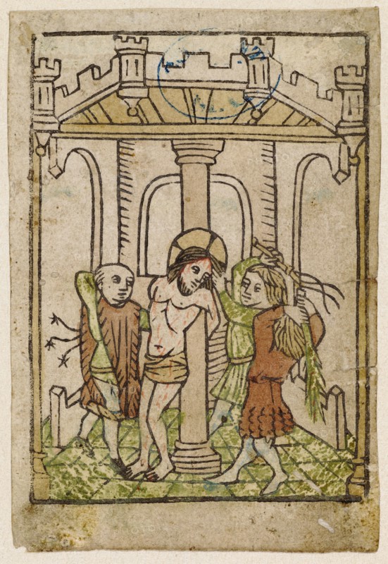 The Flagellation of Christ, c. 1440/50, woodcut, colored (unique), unique, leaf: 9.9 x 6.7 cm, Anonym, Oberrhein, 15. Jh.