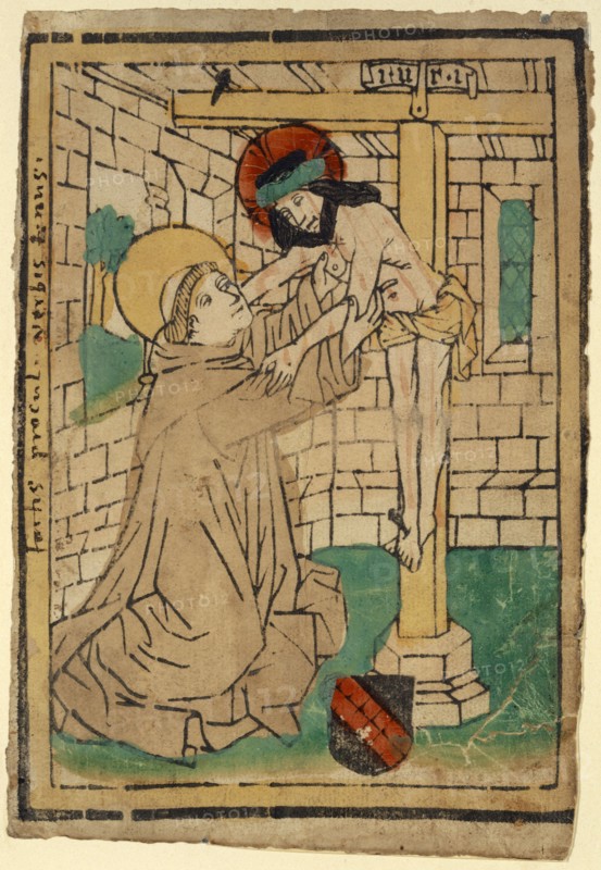 Saint Bernard of Clairvaux is hugged by the Crucified, c. 1470, woodcut, colored Uniques, unique, leaf: 20 x 13.6 cm, inscribed on the cross on a reel: i.nr.i, Anonym, Oberrhein, 15. Jh.