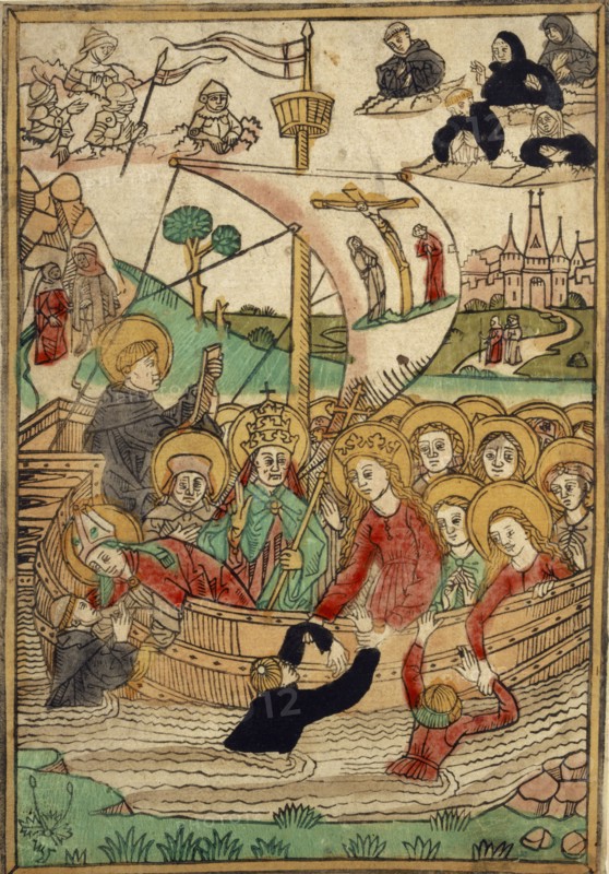 The Ship of St. Ursula, c. 1480, woodcut, colored (unique), unique, leaf: 27.3 x 19 cm, Anonym, Süddeutschland, 15. Jh.
