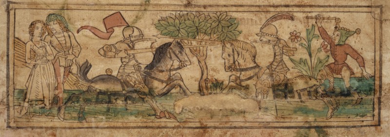 Tournament scene with fool and lovers, c. 1480/90, woodcut (gray print), colored (unique), unique, leaf: 10.2 x 28.5 cm, Anonym, Strassburg (?), 15. Jh.