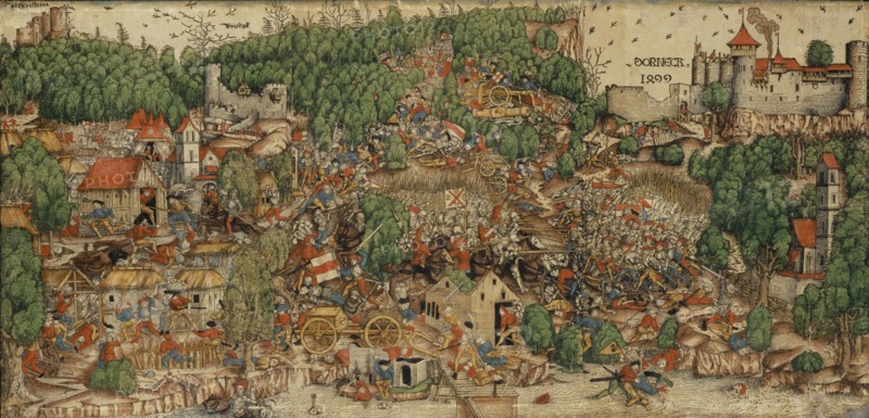 The Battle of Dorneck 1499, c. 1510, woodcut of three sticks, colored, leaf: appr. 40.9 x 85 cm, inscribed above the castles: DORNECK 1499, Bÿrseck [Birseck], Rÿchenstein [Reichenstein], u, ., M. monogrammed (mirrored) on a banner: DS, Meister DS (Daniel Schwegler?), (?), tätig 1503–1515 in Basel