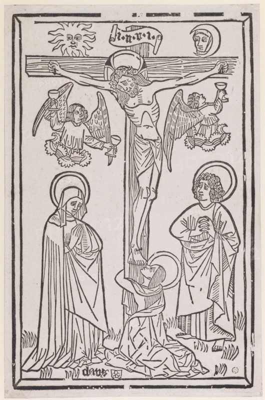 The Crucifixion of Christ, c. 1470/80, reprint of the eighteenth century (?), Woodcut, later printed, sheet: 43.5 x 28.6 cm, inscribed on top of the cross: i.n.r.i ., l, ., u .: claus, Anonym, Oberrhein, 15. Jh.