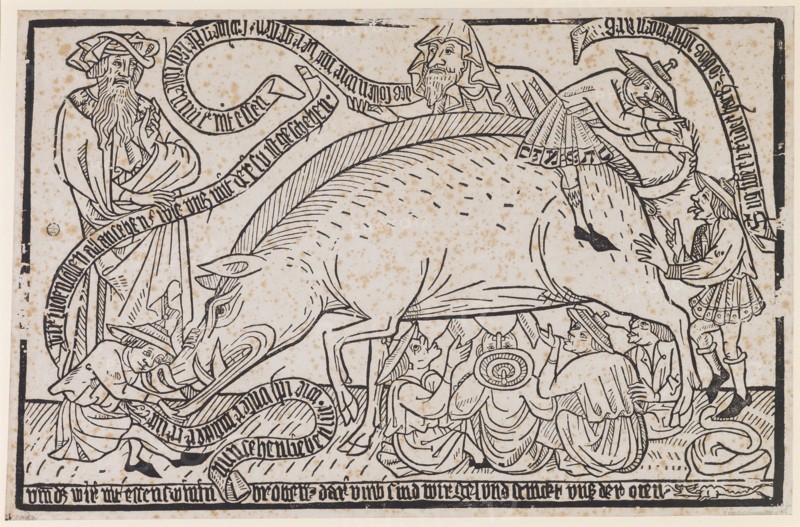 Mockery of the Jews, around 1470/80, reprint of the 17th or 18th century, woodcut, page: 27.9 x 43 cm, On the banners held by the rabbis l .: we Jews look like all., how untz with su has happened., We will never forget that., I do not want to eat meat, on the banner on the snout of the pig: now see dear lut., how I treat our mother, on the banner o. r .: Sug dear brother hartz., so I'm in the ars, u .: dm d [a] z we do not eat swinin breads., that is, we gel and stab the bottom., Anonym, Süddeutschland, 15. Jh.