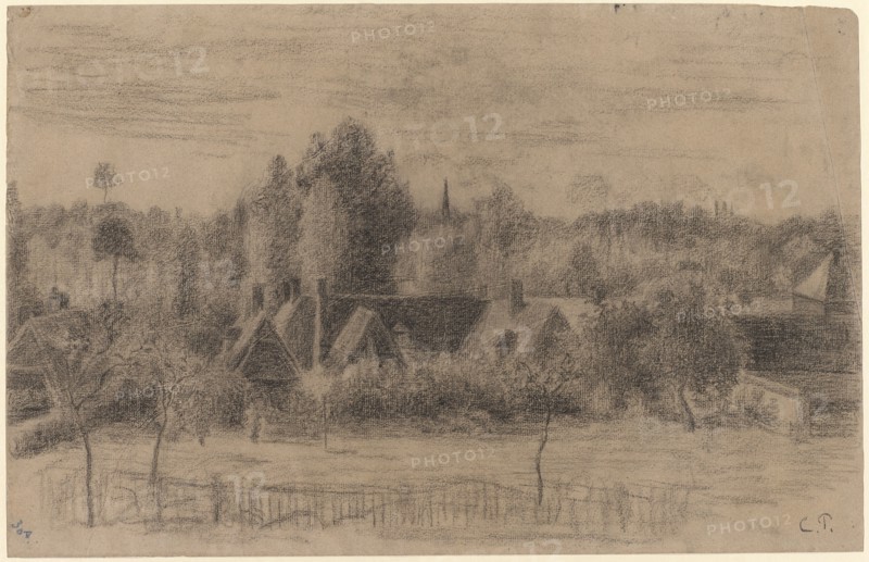Village in the plain, chalk in black, leaf: 30.7 x 47.5 cm (largest mass), U. r., monogrammed with chalk: C.P., Camille Pissarro, Charlotte Amalie, St.Thomas/Danish Virgin Island 1830–1903 Paris