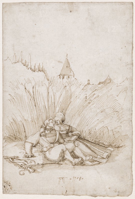 Loving Couple in the Cornfield, 1508, Feather in Brown, Sheet: 21.9, 22.4 x 14.9 cm, U. Monogrammed and dated: AA [lig.] · 1508 ·, Albrecht Altdorfer, um 1480–1538 Regensburg