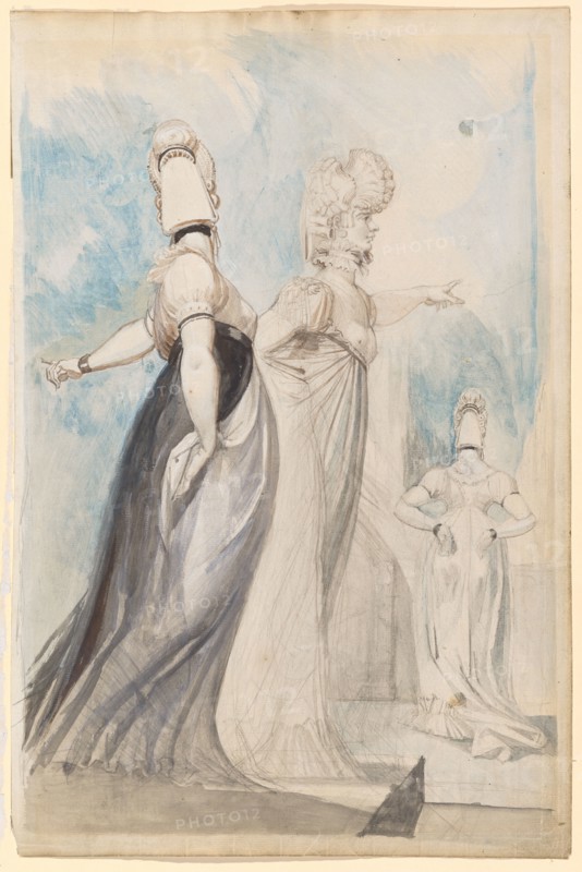 Three promenading ladies, 1798/1800, pencil, gray washed, blue, brownish-pink and brown watercolored, foliate: 48 x 31.5 cm, Johann Heinrich Füssli, Zürich 1741–1825 Putney Hill b. London