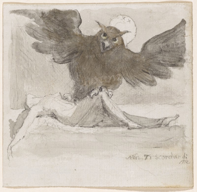 Owl with outstretched wings above a lying woman, circa 1820, chalk, gray and brownish washed, mounted, leaf: 11.7 x 12.1 cm, U. r., Chalked: Non Ti scordar di me, Johann Heinrich Füssli, Zürich 1741–1825 Putney Hill b. London