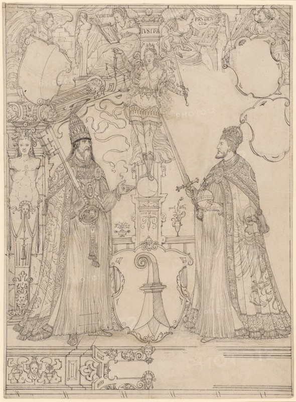 Disc rupture with Pope Clement VII and Emperor Charles V as shield attendants and the Basel coat of arms (for the law faculty of the University of Basel), feather in black, traces of a preliminary drawing with black pencil, page: 43.3 x 31.8 cm |, Image: 42.7 x 31.3 cm, O. inscribed in the illustration: VERITAS, IVSITIA [sic], PRUDEN, CIG, Ludwig Ringler, Basel 1536–1606 Basel