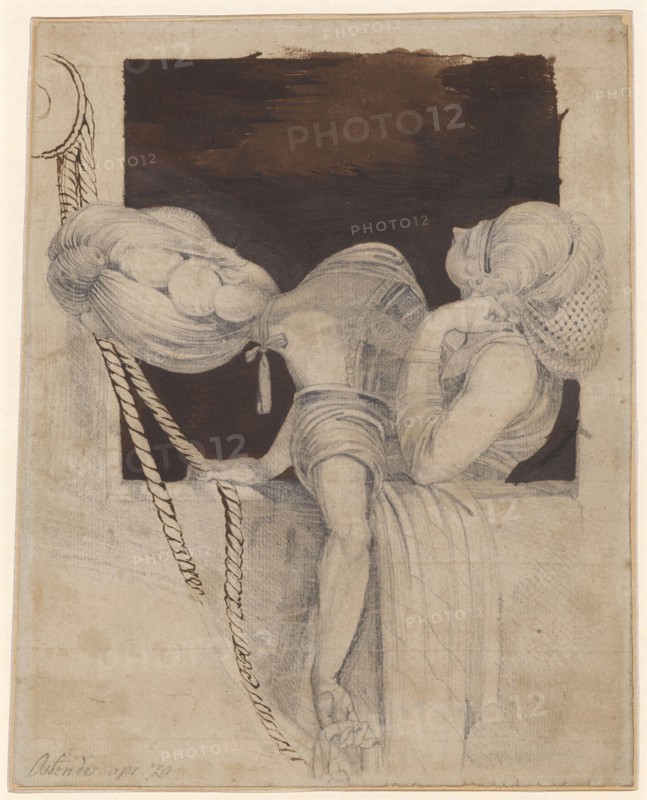 Two girls, looking up from a cabin window, 1779, pencil, pen in brown, washed, and gouache in brown and black, Journal: 22.7 x 18.5 cm, U. l., inscribed in pencil: Ostend apr. 79, Johann Heinrich Füssli, Zürich 1741–1825 Putney Hill b. London