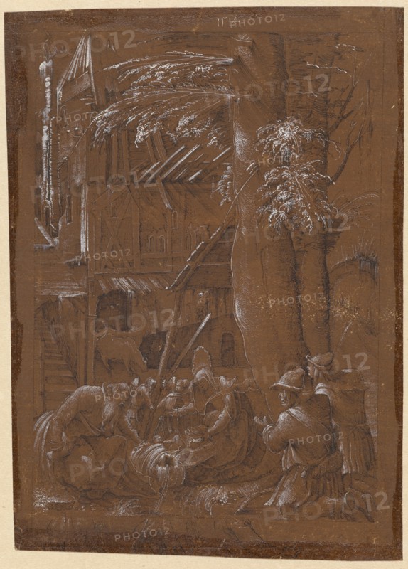 Adoration of the Shepherds, 1514, feather in black, heightened with white, on dark brown primed paper, mounted, sheet: 20, 20.6 x 14.5 cm, O. M. with brush in white dated: 1514, Albrecht Altdorfer, (Kopie nach / copy after), um 1480–1538 Regensburg