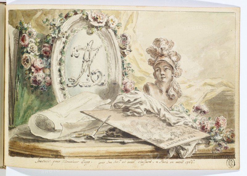 Entry in the genealogy of Adrian Zingg: flower-crowned monogram by Adrian Zingg, in front Minerva bust, worked copper plate and engraving tool, 1766, feather (gray), washed and watercolored, Book: 12.4 x 19.5 x 2.7 cm |, Sheet: 11.9 x 18 cm, Dedicated to feather (brown) below: Souvenir pour Monsieur Zingg., par son Serv.r et ami Choffard., a Paris in avril 1766, Pierre-Philippe Choffard, Paris 1730–1809 Paris