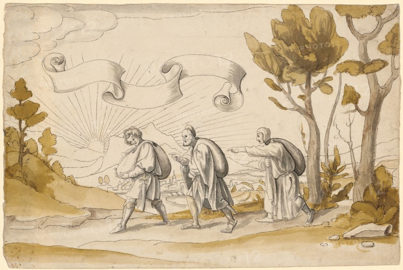 Three sacks laden with sacks in a landscape, 1548 (?), Feather in black, gray washed, brown and yellow-brown watercolored, folio: 21.9 x 32.8 cm, unmarked, Hans Holbein d. J., (Nachfolger / follower), Augsburg um 1497/98–1543 London, Maximillian Wischack, (?), nachweisbar 1534–um 1552/1556
