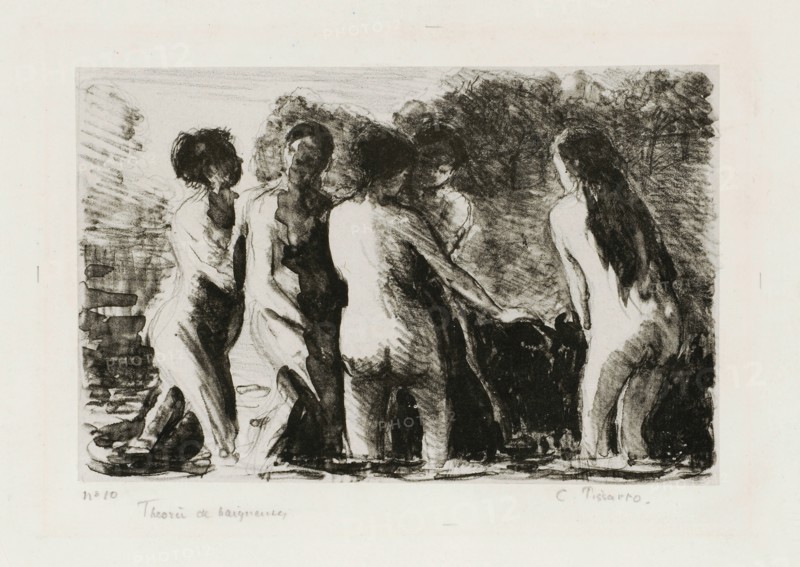 Théorie de Baigneuses, (1897), brush lithograph on Chinese paper, mounted on backing paper, first and only condition, folio, image: 12.9 x 20.1 cm, L. inscribed with pencil in pencil: no 10, below to the right: theory [sic] of Baigneuses, r., signed: C. Pissarro., Camille Pissarro, Charlotte Amalie, St.Thomas/Danish Virgin Island 1830–1903 Paris